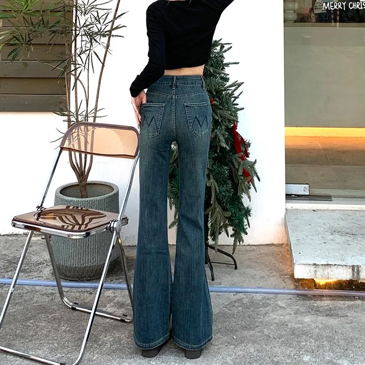 复古高腰微喇牛仔裤女长裤2025年春秋季新款显瘦弹力喇叭长裤加绒