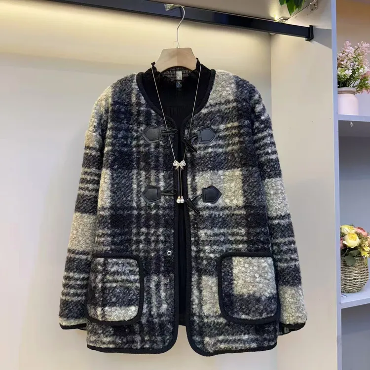 秋冬女装韩版新款保暖复古格子夹棉毛呢大码开衫上衣