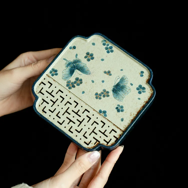 德白青花火石红创意陶瓷壶承手绘蝶影四方全瓷储水干泡台托盘茶盘