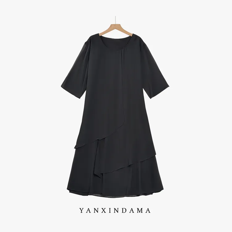 【岩心】大码女装300斤胖MM显瘦遮腹洋气减龄时尚雪纺连衣裙8352