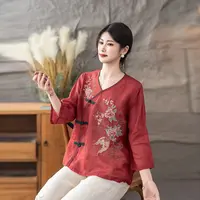 【清货+运费险】国风苎麻宽松棉麻中式夏季盘扣民族重工刺绣衬衫Y28