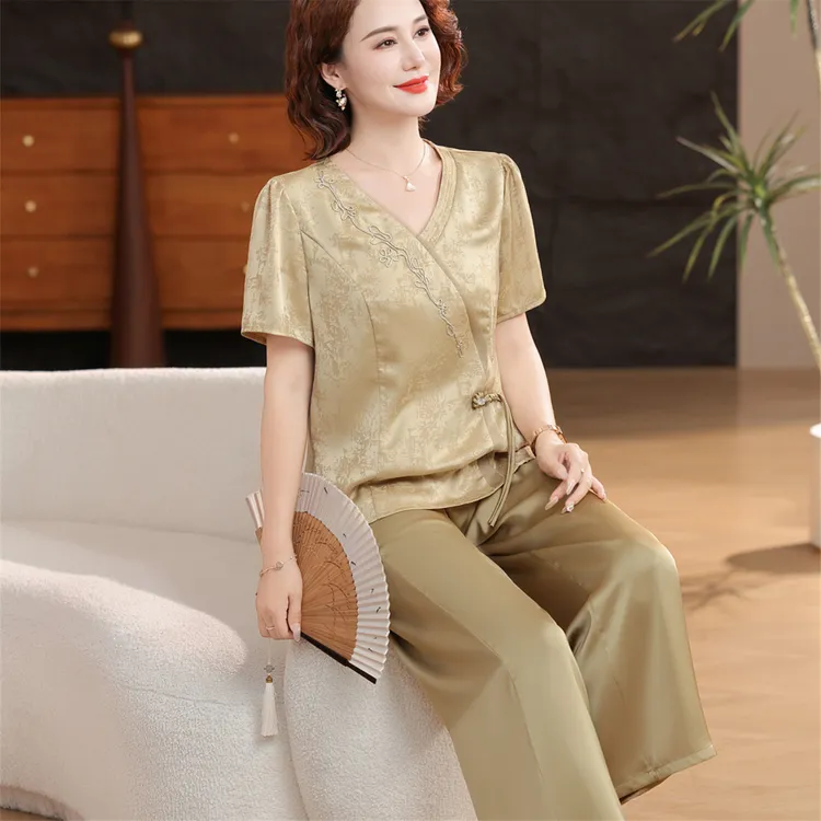 雅鹿优选中年妈妈夏装仿真丝短袖套装中老年女装夏季中式国风恤上