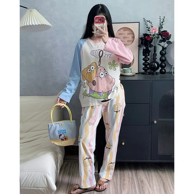 可爱风睡衣女长袖宽松纯棉可外穿新款春秋季学生薄款家居服套装冬