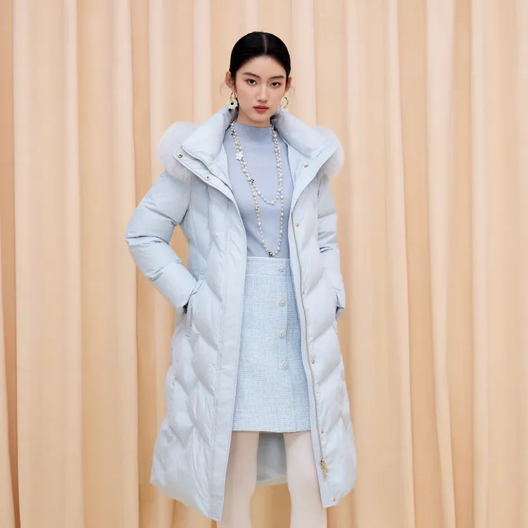 LIME/莱茵冬季收腰名媛鹅绒狐狸毛羽绒服长大衣双色LDGD9AOLC803