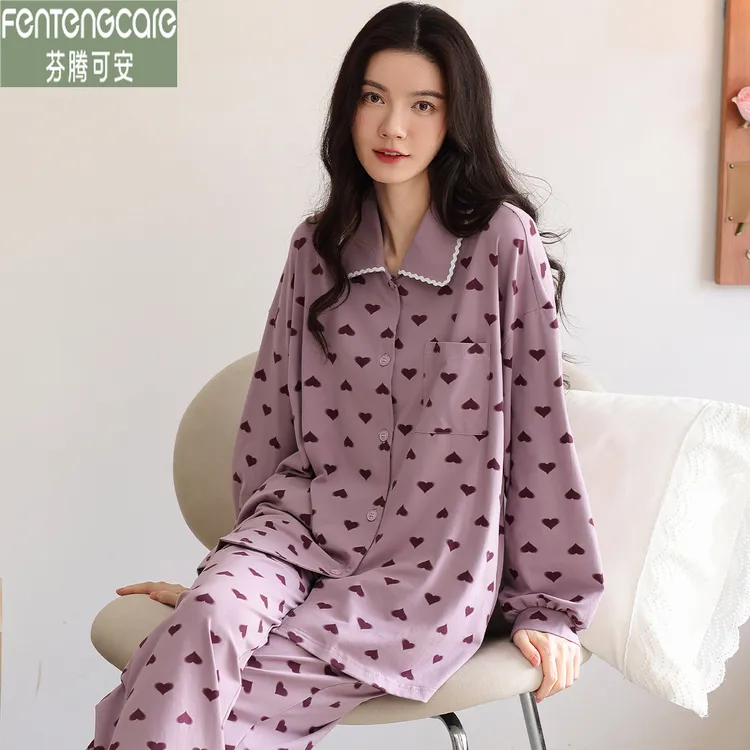 芬腾可安春秋季薄款睡衣女士甜美宽松长袖翻领新款纯棉家居服大码