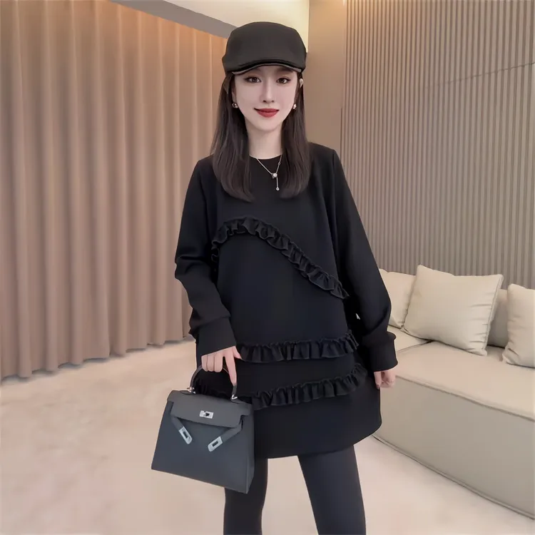 韩版荷叶拼接边卫衣裙百褶2025秋冬新款宽松高级圆领长袖连衣裙