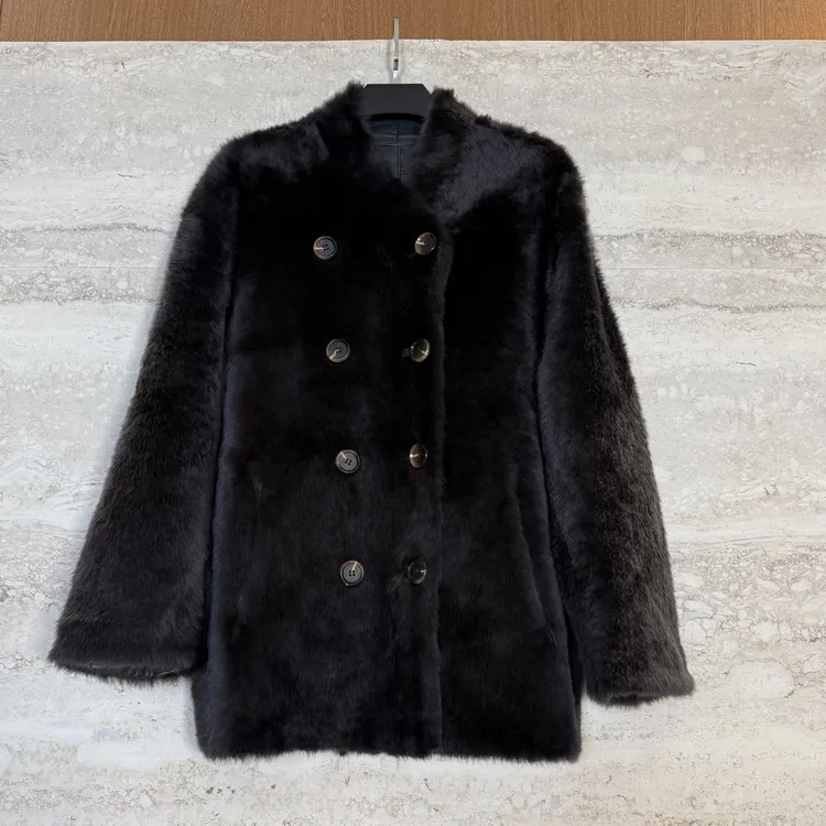 TANTAN中长款双排扣秋冬大牌感羊皮毛外套4249