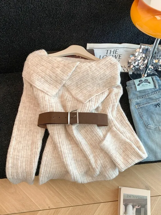 法式高级感百搭翻领毛针织衫配腰带女秋冬新款时尚纯色毛衣休闲