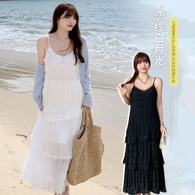 度假风蕾丝花边吊带蛋糕裙2025夏季新款胖mm高腰显瘦V领A字连衣裙