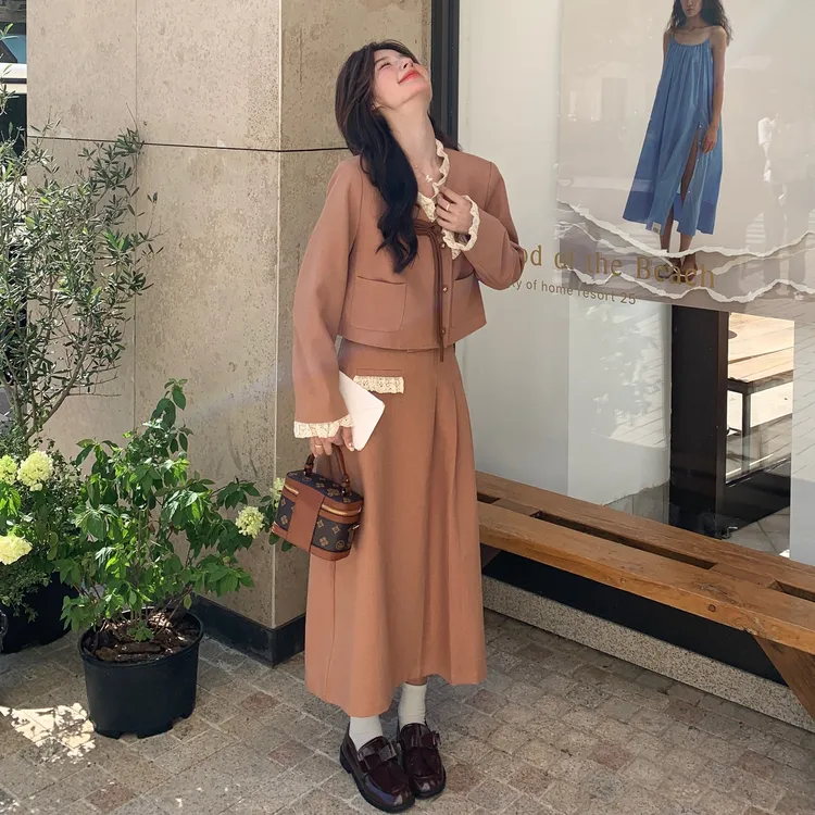 法式优雅气质小香风套装裙女2025年秋季蕾丝花边外套半身裙两件套