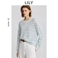 LILY2025秋羊毛亚麻混纺条纹圆领针织衫125349TK980