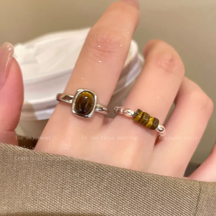 铜合金戒指 美拉德虎眼石戒指女小众设计独特食指戒复古高级指环