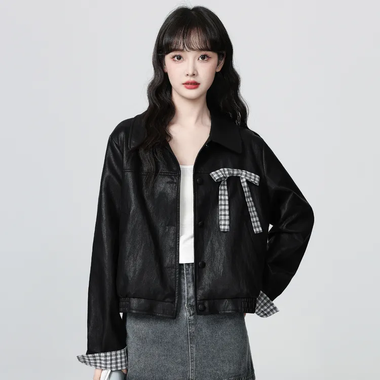 复古黑色PU皮衣外套女秋2025春秋新款蝴蝶结翻领夹克开衫短款上衣