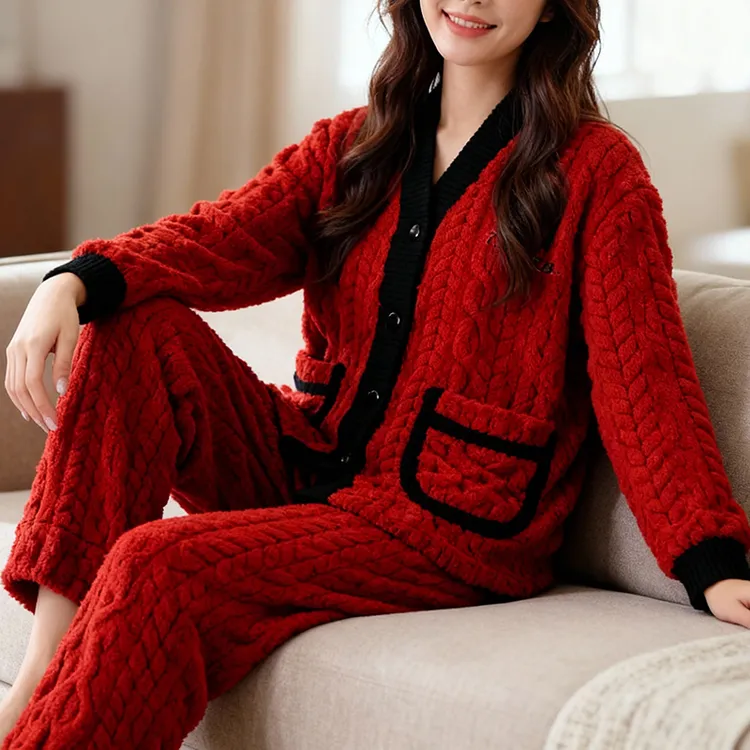 新款舒棉绒家居服加厚保暖V领女士加厚睡衣套装加绒松紧腰秋冬装