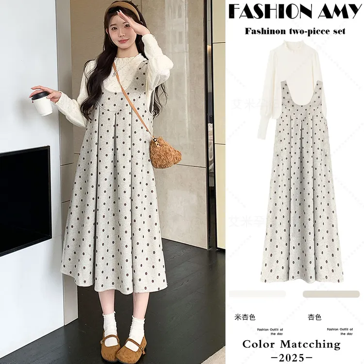 孕妇装秋冬套装新款时尚法式气质蕾丝内搭上衣显瘦波点毛呢背带裙