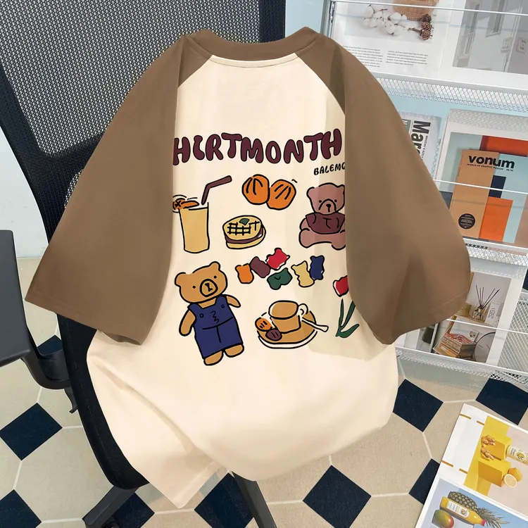 插肩袖男女童短袖t恤纯棉可爱字母小熊印花夏季中大童洋气上衣服