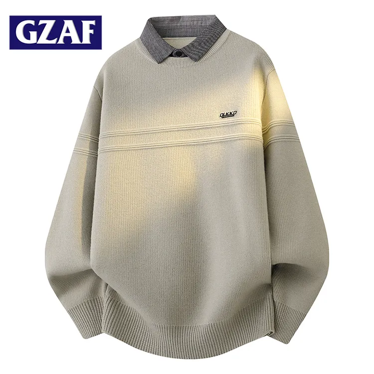 新款条纹纯色假两件毛衣男士衬衫领内搭打底针织衫商务厚毛线衣