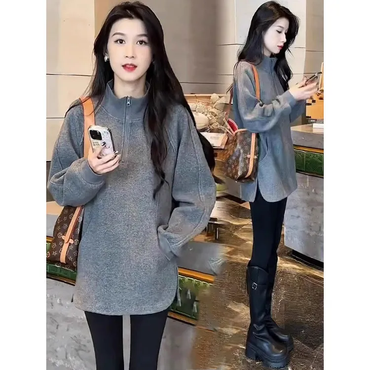 拉夏贝尔灰色立领卫衣女新款2025爆款时尚洋气复古中长款打底上衣