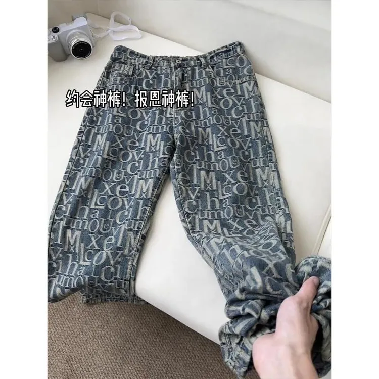 蓝色字母满印微喇牛仔裤男夏薄款美式高街vibe裤子直筒显瘦弯刀裤