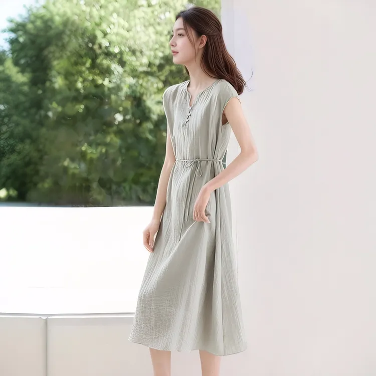时尚气质中长裙2025夏季新款休闲舒适百搭系带显瘦连衣裙女
