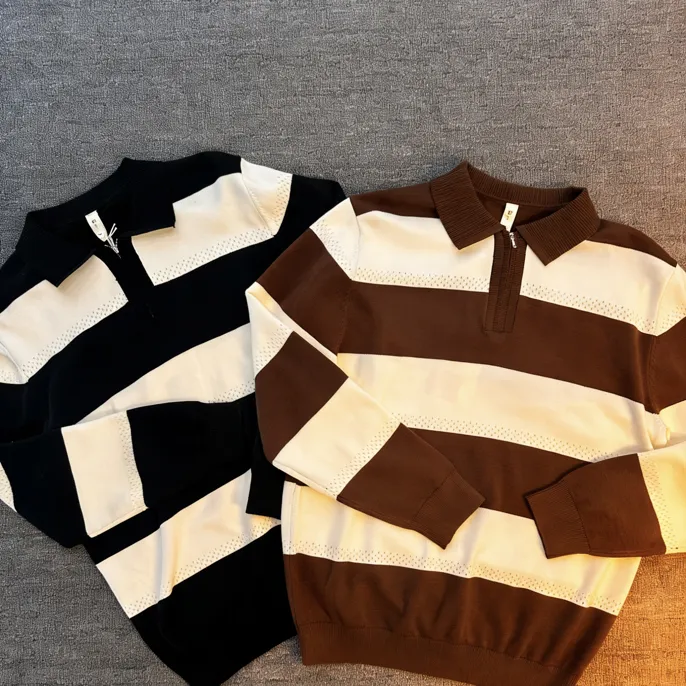 秋冬季男士条纹翻领厚款商务修身保暖针织打底上衣MX-3787