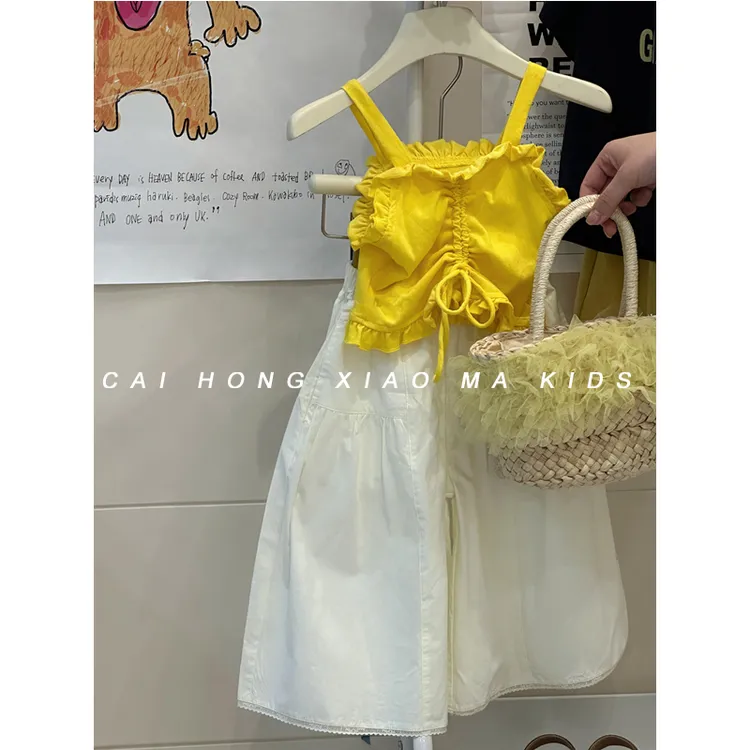 儿童夏套装25新款女童洋气甜美木耳边抽绳吊带女孩时尚休闲阔腿裤