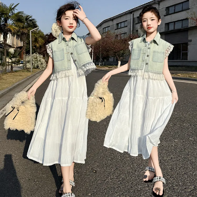 女童连衣裙套装2025新款夏季儿童洋气裙子花边牛仔马甲夏装两件套