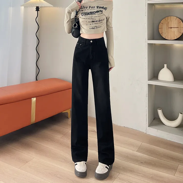 黑色窄版直筒牛仔裤女春秋季新款弹力高腰显瘦小个子阔腿拖地裤子