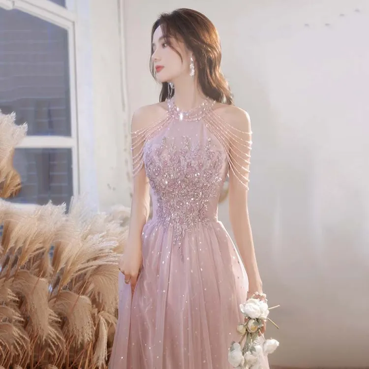 粉色晚礼服女新款2025夏春气质名媛轻奢感宴会伴娘订婚生日主持裙