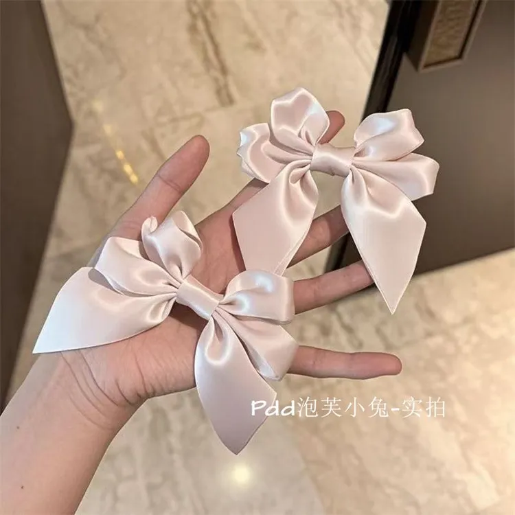 敲甜嫩粉色光色感双层丝带蝴蝶结发夹甜美侧边夹后脑勺发卡发饰