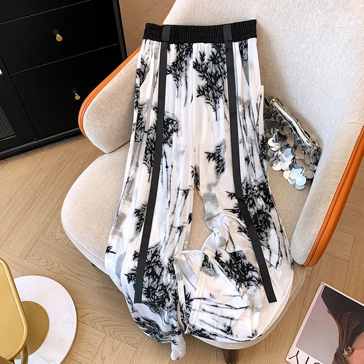 La Chapelle/拉夏贝尔水墨画阔腿裤女夏季薄款2025显瘦垂感直筒裤