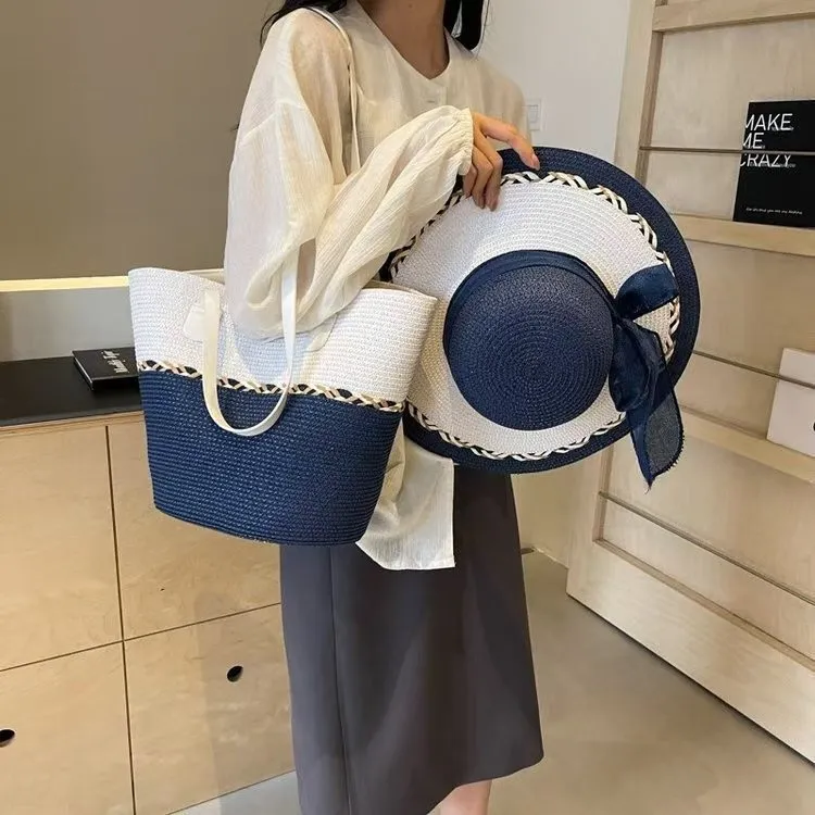 跨境新款夏季出行套装草编凉帽子包包女海边沙滩包防晒遮阳渔夫帽