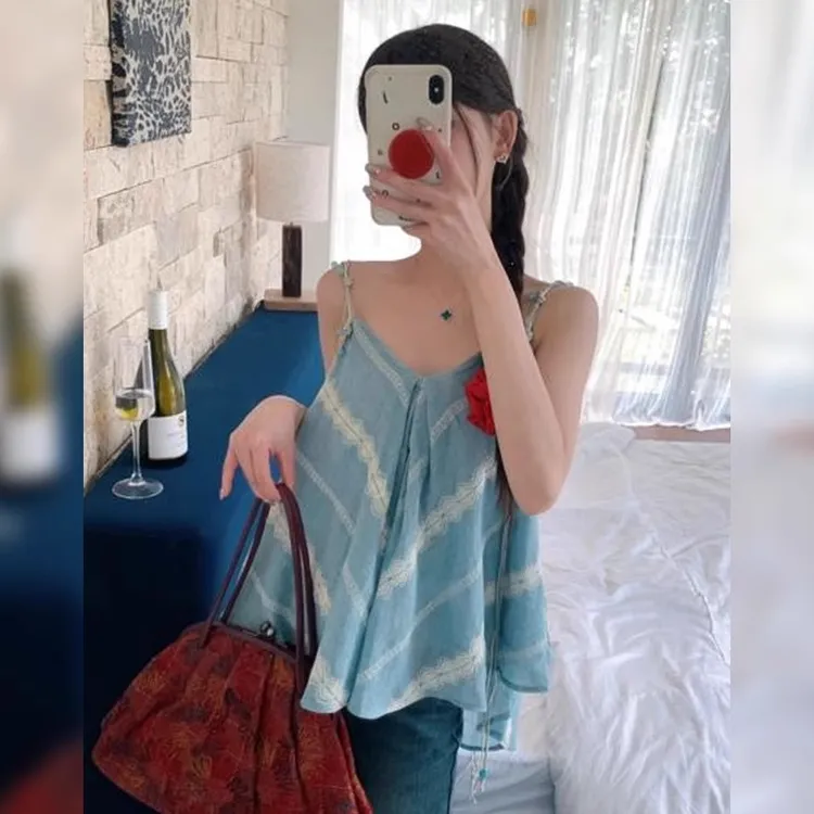 海边度假风蓝色v领吊带背心女夏季宽松外穿设计感不规则无袖上衣