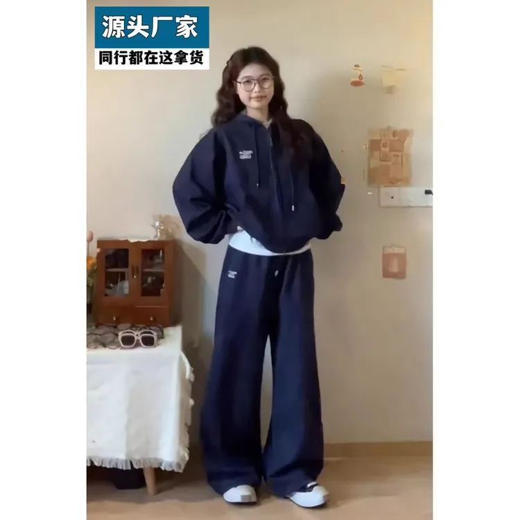 梵乐芬春秋新款韩系休闲套装女宽松学生通勤显瘦开衫连帽卫衣长裤