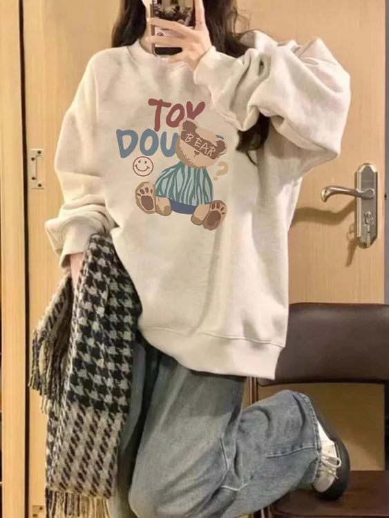 白灰色长袖减龄圆领卫衣女2025新款爆款秋季加绒加厚无帽上衣外套