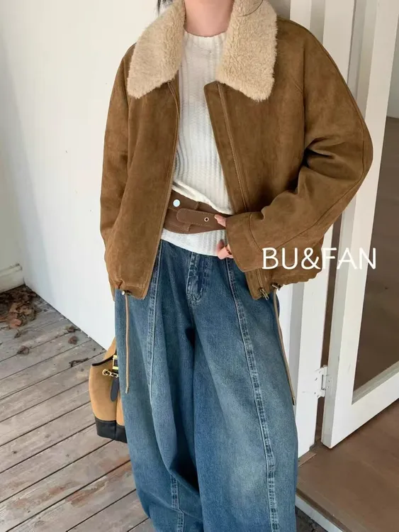 设计感羔毛翻领麂皮绒夹棉外套女2025秋冬新款时尚百搭短款上衣