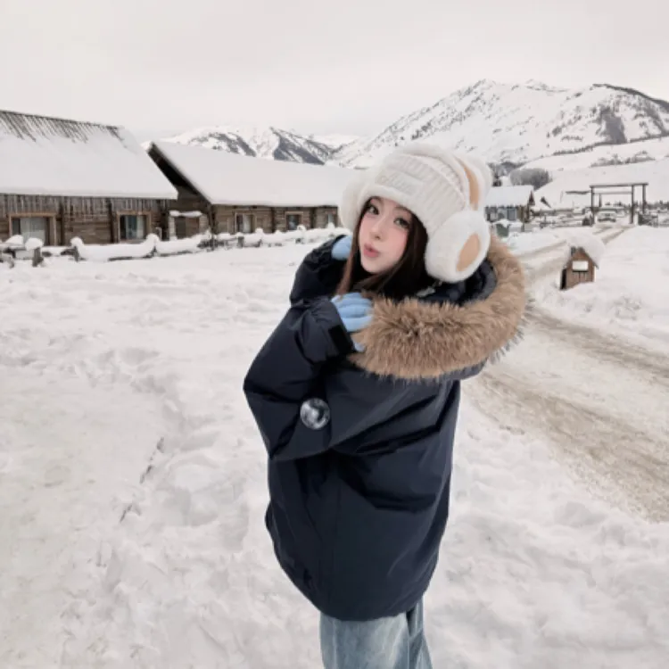 棉服女冬季2025年新款大毛领韩版宽松工装棉衣加厚藏青色棉袄外套