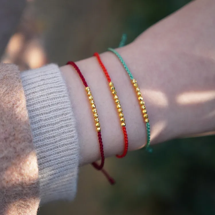 925银布艺手链 925银蹦迪珠纯手工编织抽拉绳红绳布艺极细手链