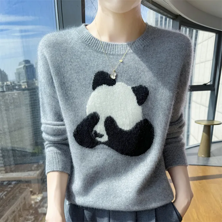 2025秋冬款七针双股羊毛衫女提花害羞熊猫图案针织打底衫毛衣女厚
