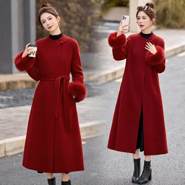 新中式红色双面羊绒中长款大衣修身高级2025新款长袖狐狸毛呢外套