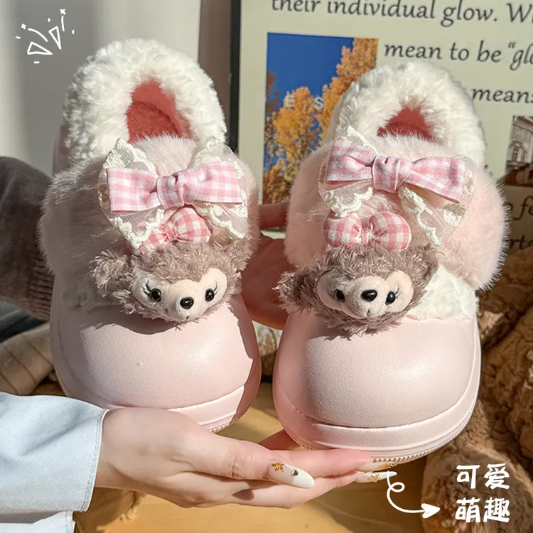 卡通可爱棉鞋女生外穿厚底毛毛鞋冬季居家防滑保暖包跟加绒棉拖鞋