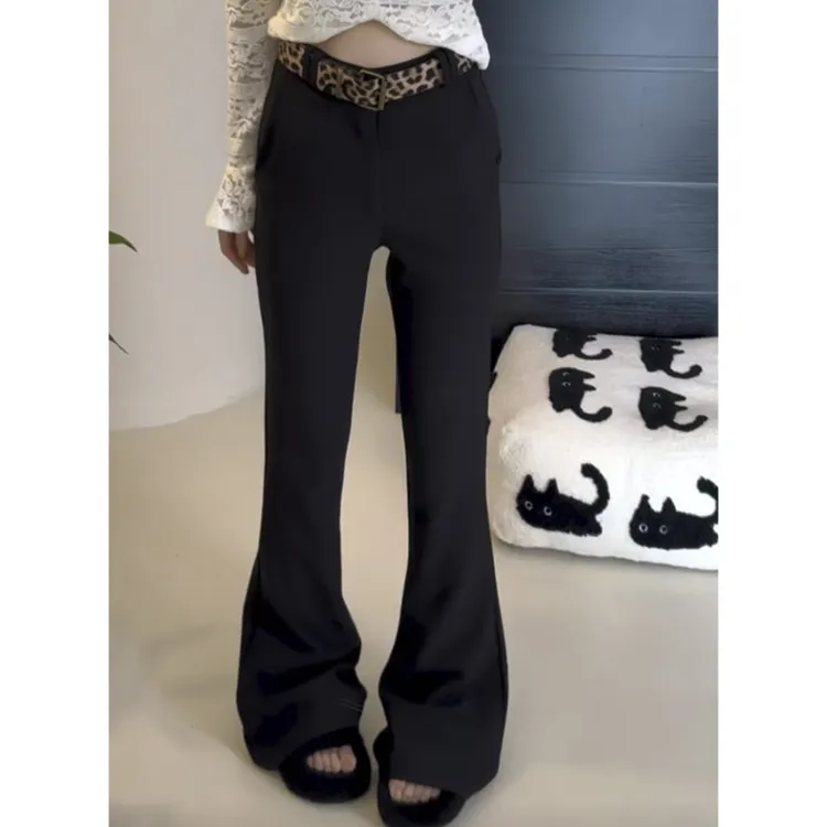 韩系豹纹腰带黑色微喇西装裤女早春新款时尚高腰弹力显瘦休闲长裤