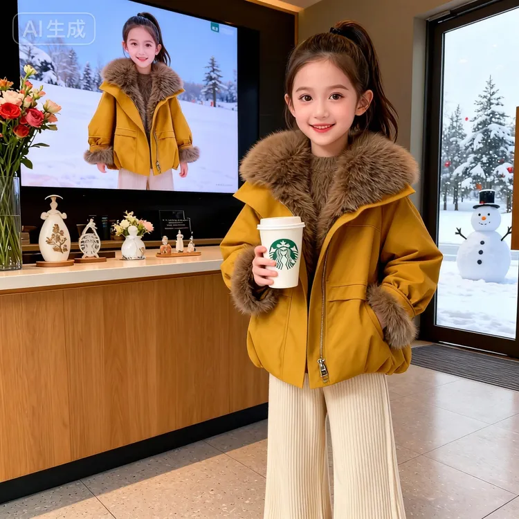 儿童2025新款毛毛外套加绒加厚冬季洋气时尚韩版夹克派克服25416