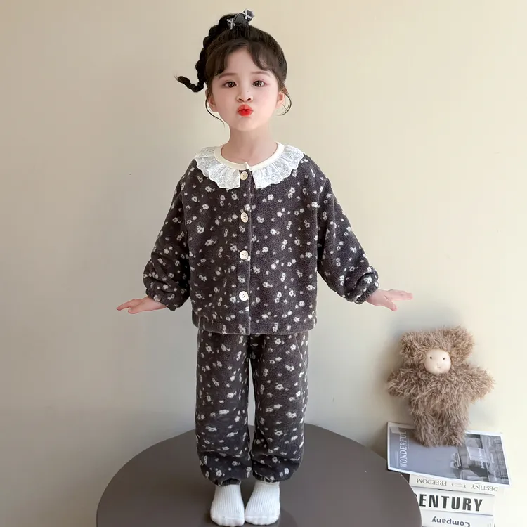 儿童睡衣秋冬季法兰绒女童珊瑚绒加厚碎花女宝家居服套装2025新款