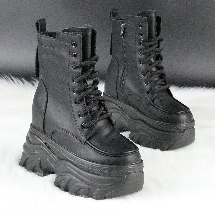 英伦秋冬女增高马丁靴系带中筒靴春秋百搭夏季厚底