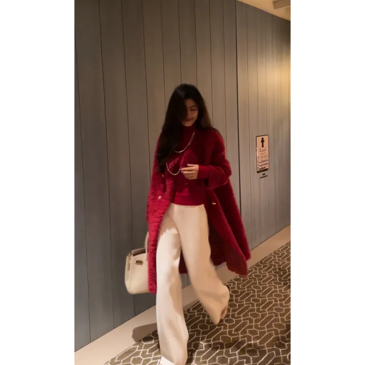N.COU妮蔻25冬新款轻奢时髦气质红色100绵羊毛长款外套DY22000