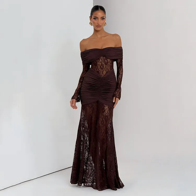 欧美跨境2025秋季气质透视蕾丝长款时尚性感无袖露背修身连衣裙
