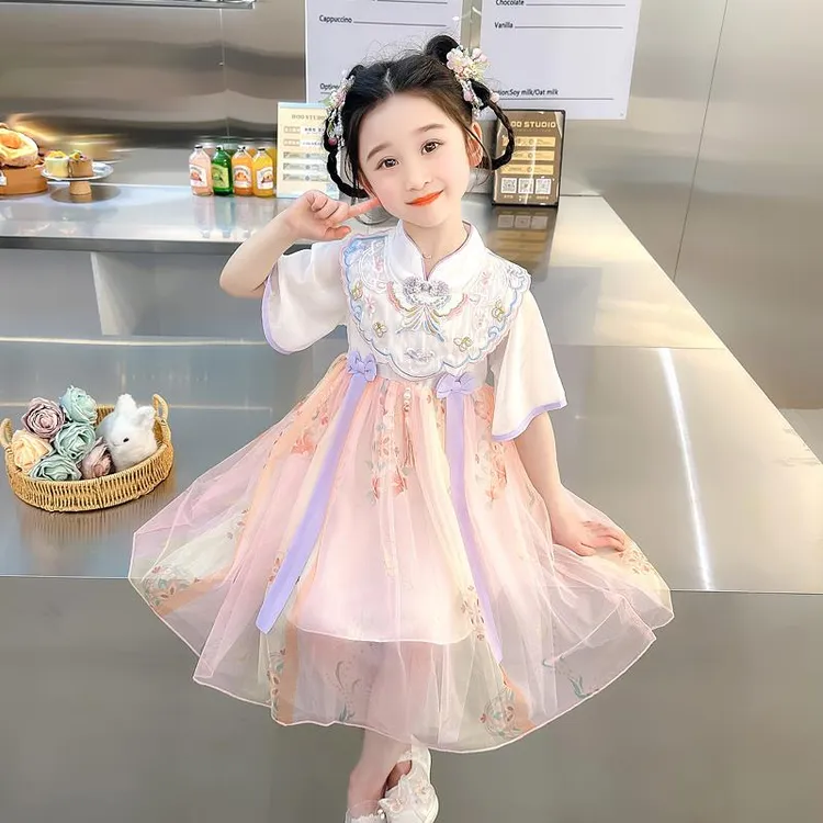 新品巴拉巴拉女童夏季短袖汉服连衣裙六一表演服女宝宝古装唐装裙