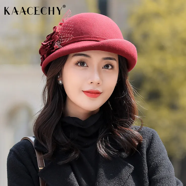 时髦个性帽子2026新款百搭优雅花朵羊毛礼帽中老年复古保暖渔夫帽