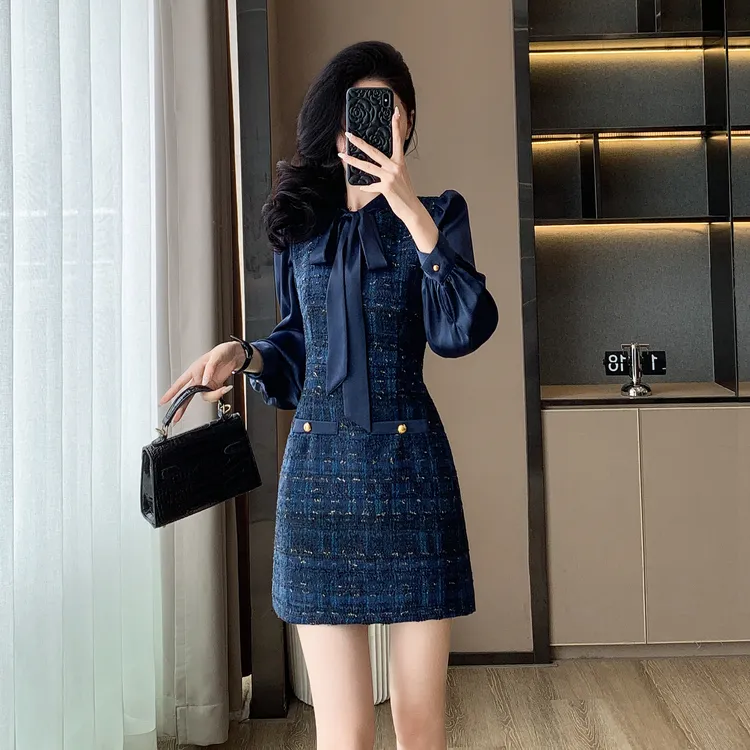 法式复古小香风蝴蝶结拼接连衣裙女小个子秋季轻熟风减龄气质裙子
